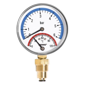 Термоманометр FERRO Ø 80 mm, 0–6 бар, 0–120 °C, подключение сбоку 1/2″